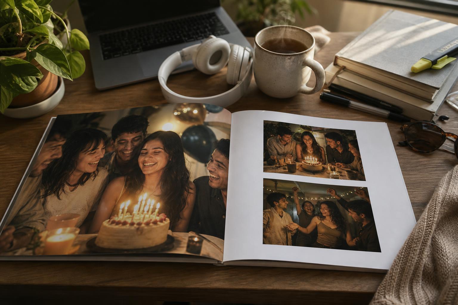 A printed birthday photo book open on a desk