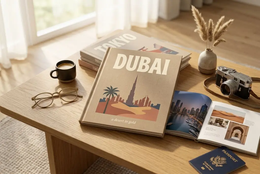 A Crimsie travel book on a desk