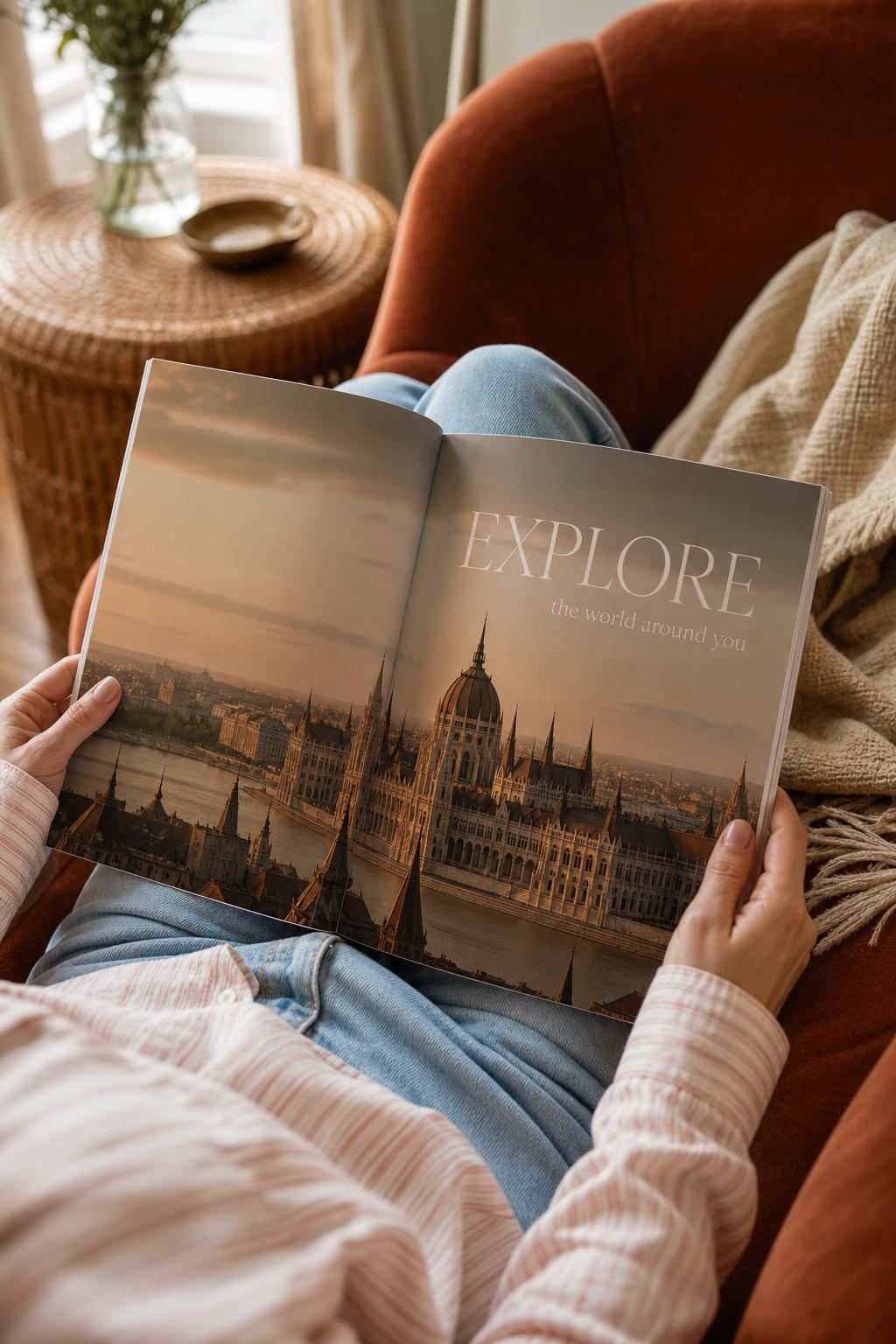 An open magazine-style photo book with a flexible cover