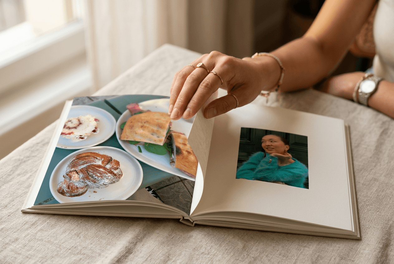 Hands turning the lay-flat page of a printed photo book on a table