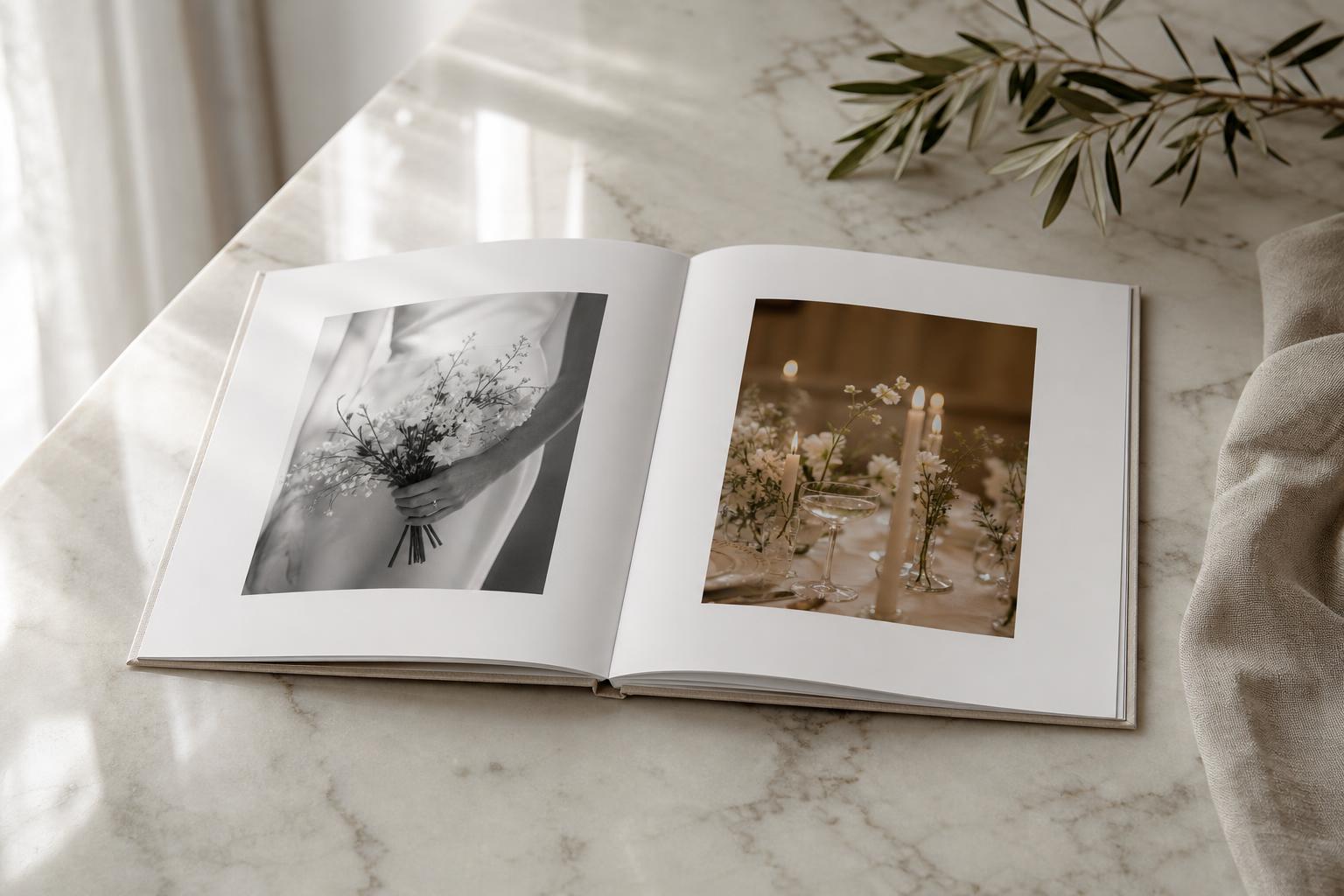 A substantial wedding album with printed photo spreads